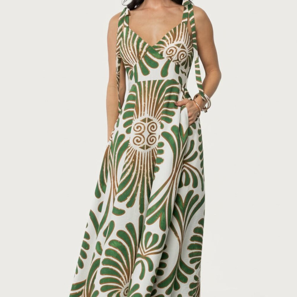 Tie-Shoulder Green & White Maxi Dress